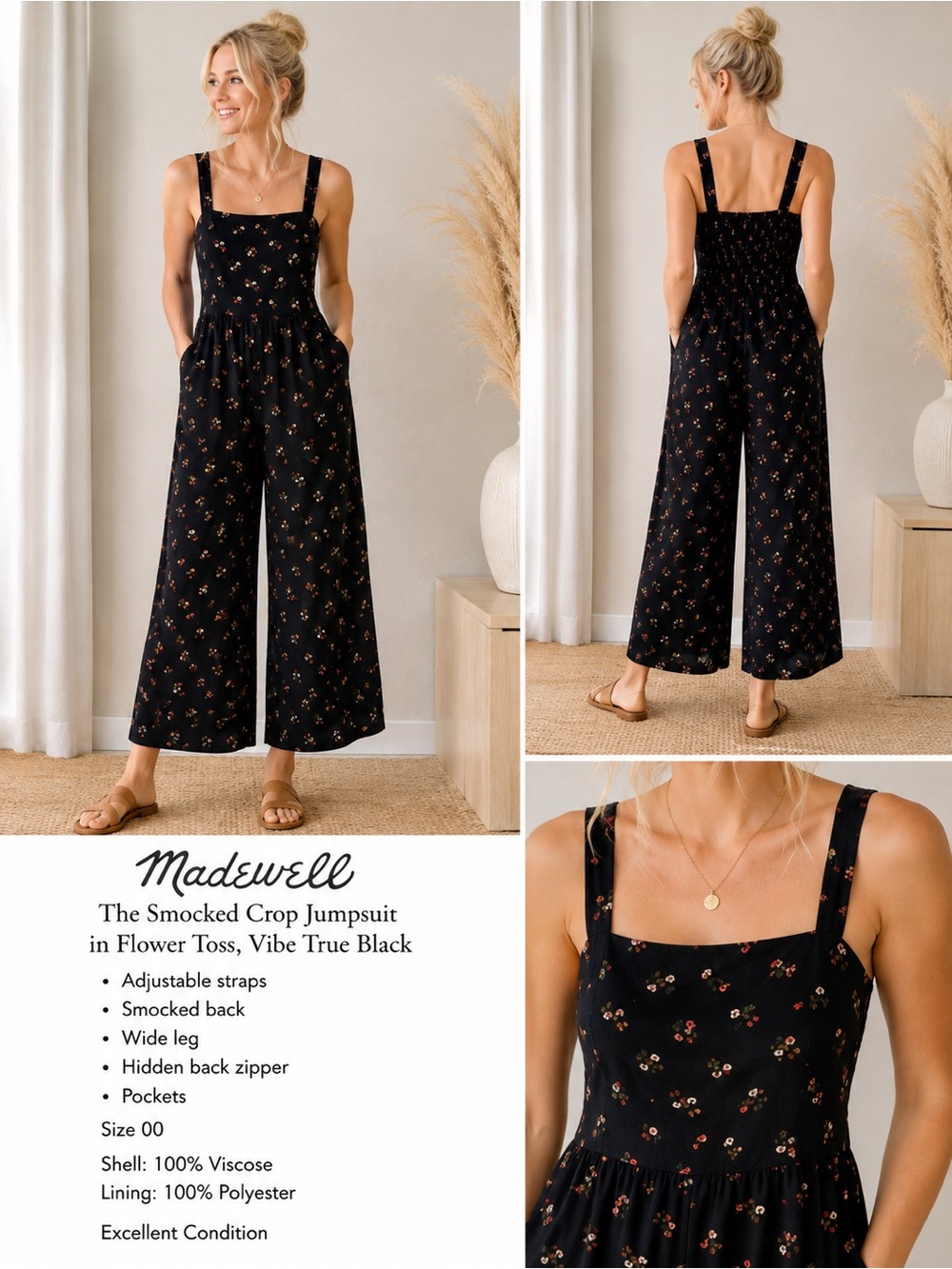 Madewell The Smocked Crop Jumpsuit Flower Toss Black Floral Size 00